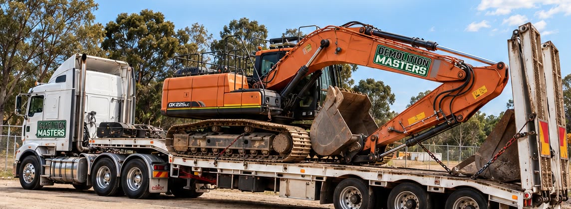Demolition Masters prime mover with a branded excavator loaded and chained down on a low loader float